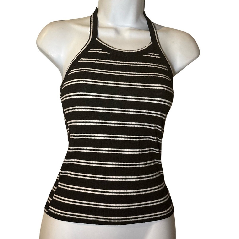 Mudd Black & White Striped Halter Ribbed Tank Top
